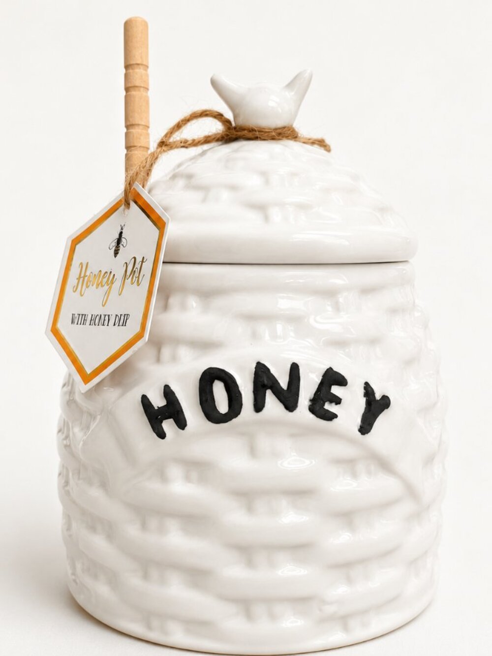 Manhattan Finds White Ceramic Beehive Honey Pot With Dipper NIB